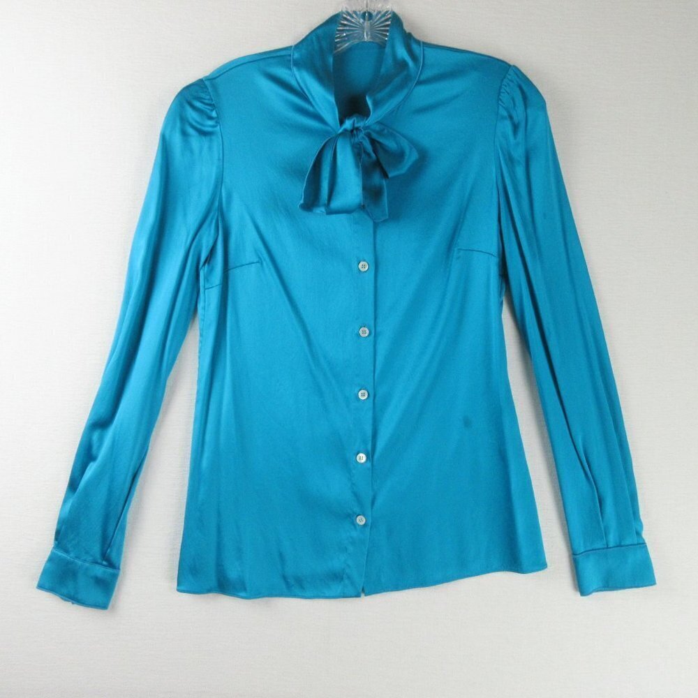 Dolce & Gabbana Silk Pussybow Blouse Size 42 Turquoise Satin Sheen Puffy Sleeves